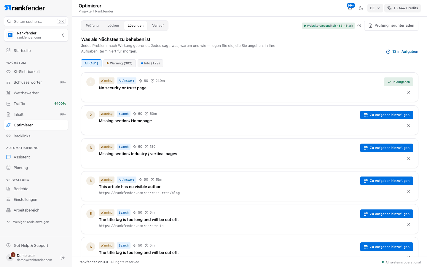 Rankfender Optimizer, Tab Fixes: Probleme nach Wirkung sortiert, mit Schweregrad, Säule, Zeitschätzung und Schaltfläche zum Hinzufügen zu Aufgaben