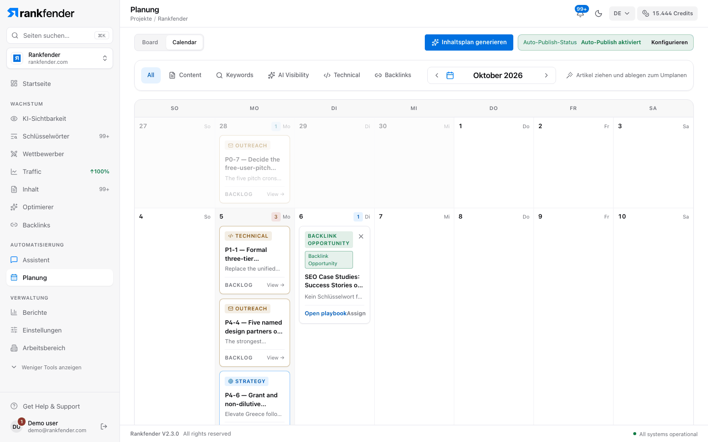 Rankfender Planungskalender für Oktober 2026: datierte Aufgaben und Artikel pro Tag, Typfilter und die Schaltfläche zum Erstellen eines Contentplans