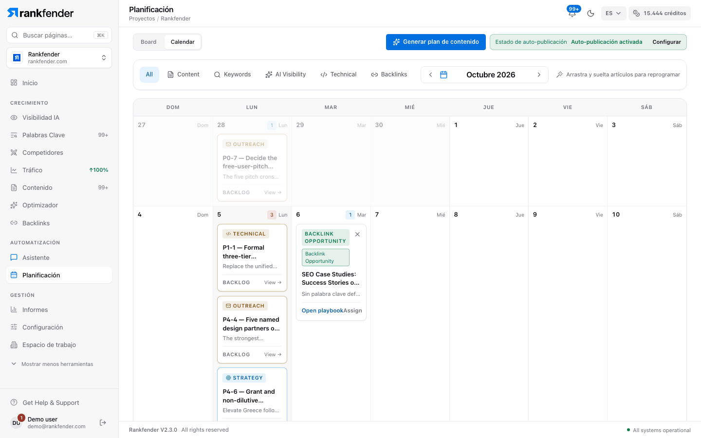 Calendario de Planificación de Rankfender de octubre de 2026: tareas y artículos con fecha por día, filtros por tipo y botón Generar plan de contenido