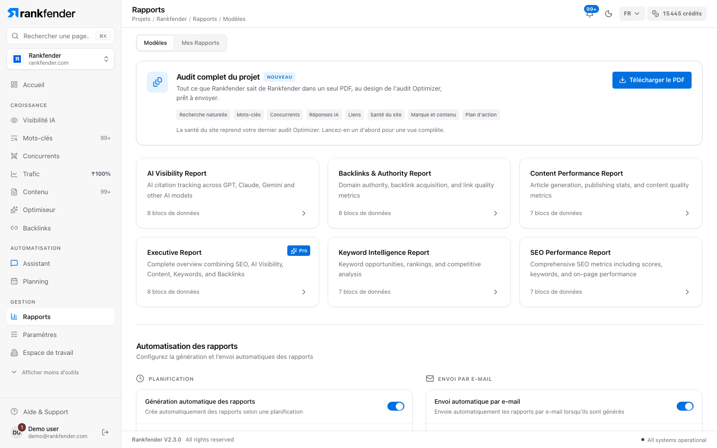 Rapports Rankfender : le PDF d’audit complet du projet, des modèles de rapport pour la visibilité IA, les backlinks, le contenu, l’exécutif, les mots-clés et la performance SEO, et les réglages d’automatisation