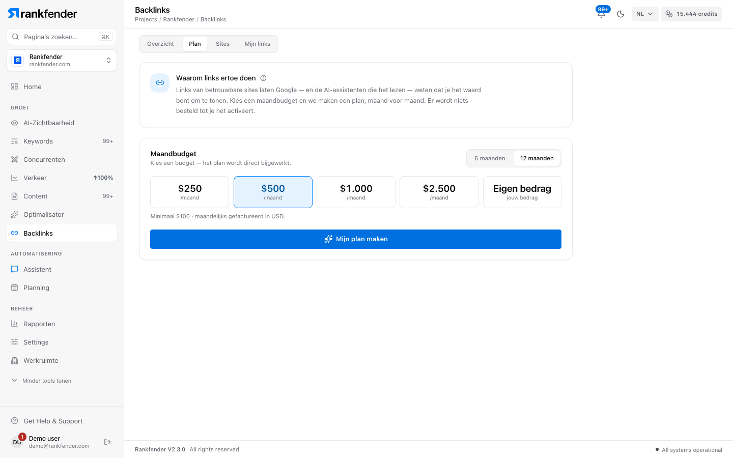 Rankfender Backlinks, tab Plan: maandbudgetten van 250, 500, 1.000 en 2.500 of een eigen bedrag, een looptijd van 6 of 12 maanden en een knop Maak mijn plan
