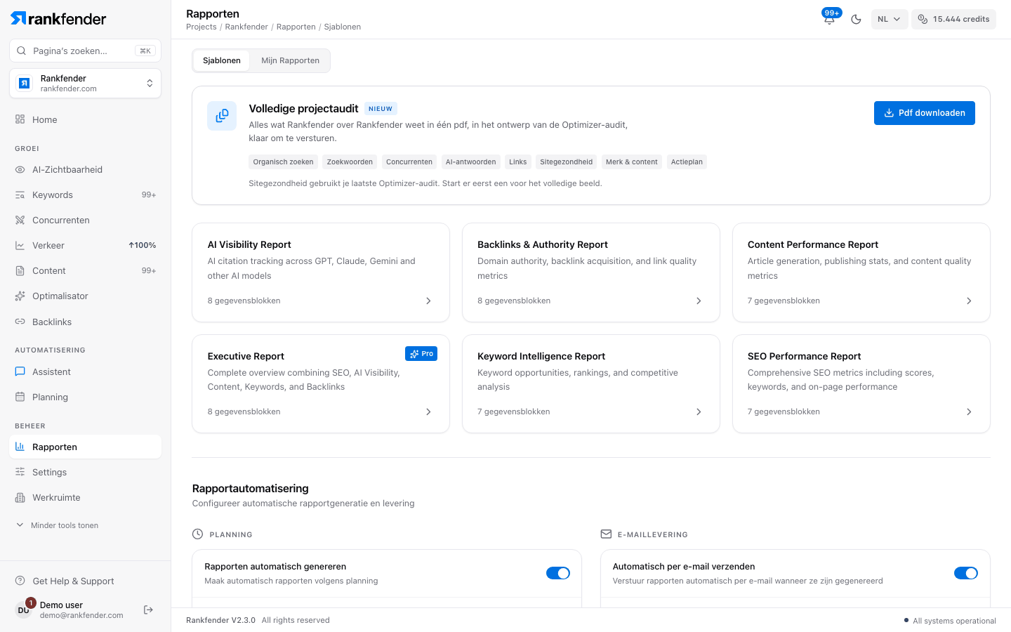 Rankfender Rapporten: de PDF van de volledige projectaudit, rapportsjablonen voor AI-zichtbaarheid, backlinks, content, executive, zoekwoorden en SEO-prestaties, en de instellingen voor automatisering