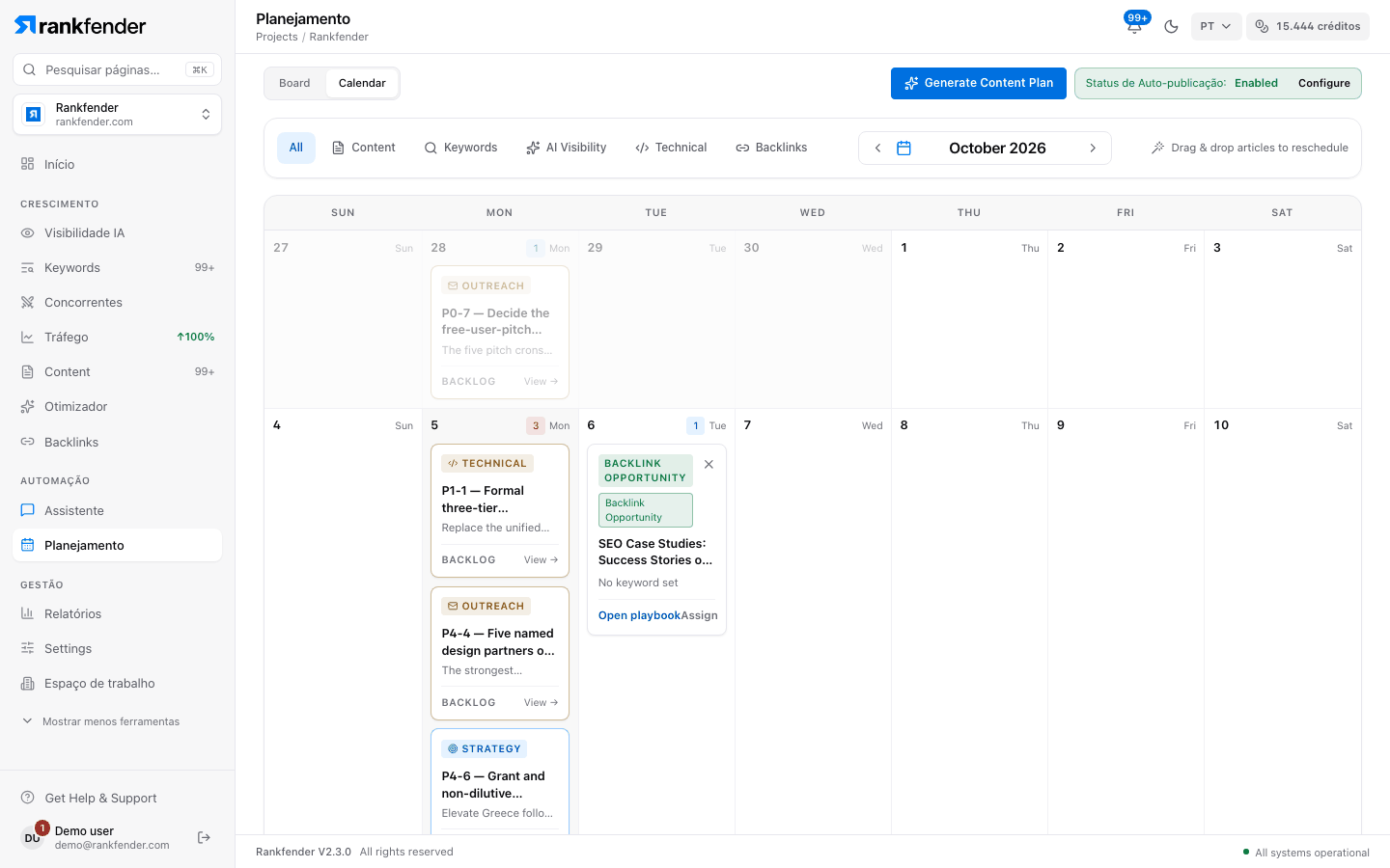 Calendário de Planeamento do Rankfender de outubro de 2026: tarefas e artigos com data por dia, filtros por tipo e botão para gerar o plano de conteúdo