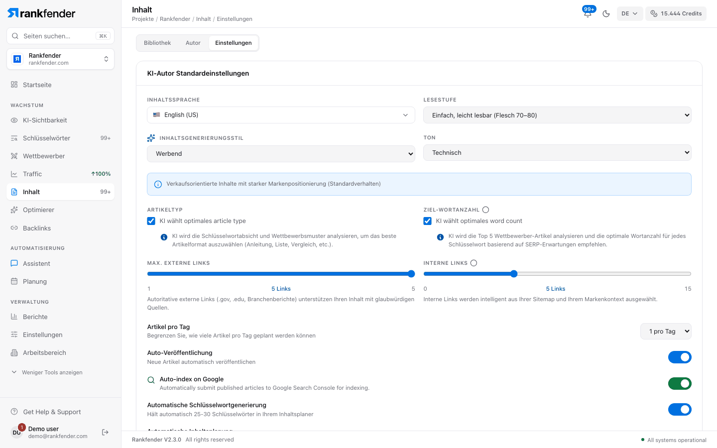 Rankfender Content-Einstellungen, Standards des KI-Writers: Sprache, Lesestufe, Stil, Tonalität, Artikeltyp, Wortanzahl, externe und interne Links, Artikel pro Tag und automatische Veröffentlichung