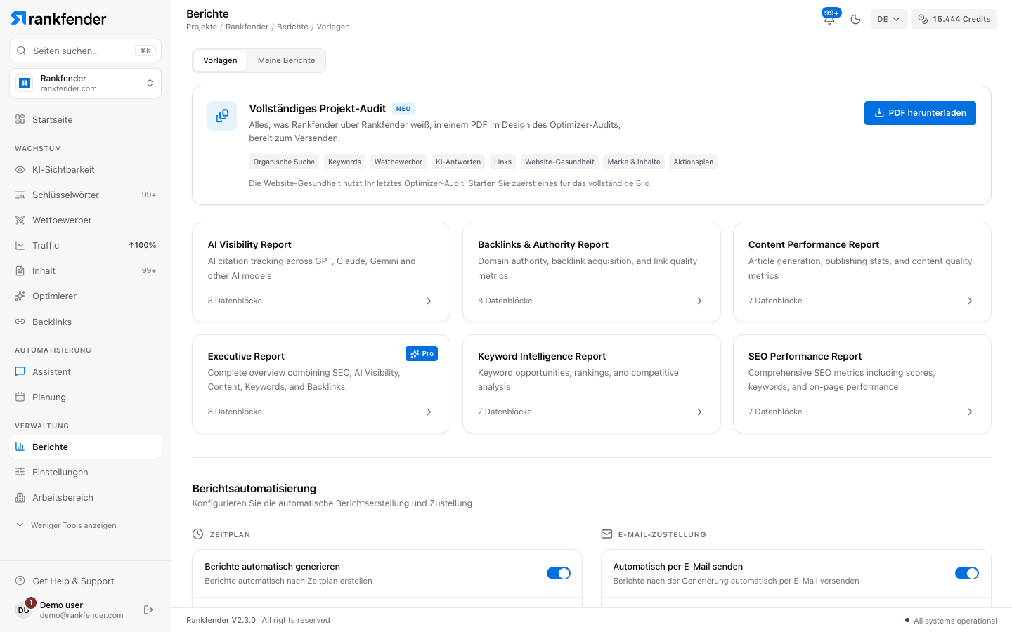 Rankfender Berichte: das PDF des kompletten Projekt-Audits, Berichtsvorlagen für KI-Sichtbarkeit, Backlinks, Content, Executive, Keyword-Intelligenz und SEO-Performance sowie die Automatisierungseinstellungen