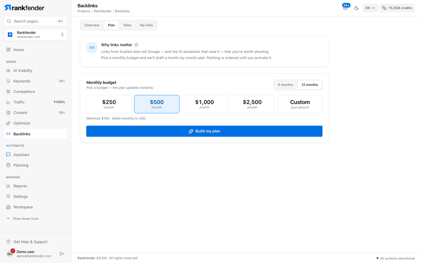 Rankfender Backlinks, Plan tab: monthly budget options of 250, 500, 1,000 and 2,500 or a custom amount, a 6 or 12-month duration and a Build my plan button