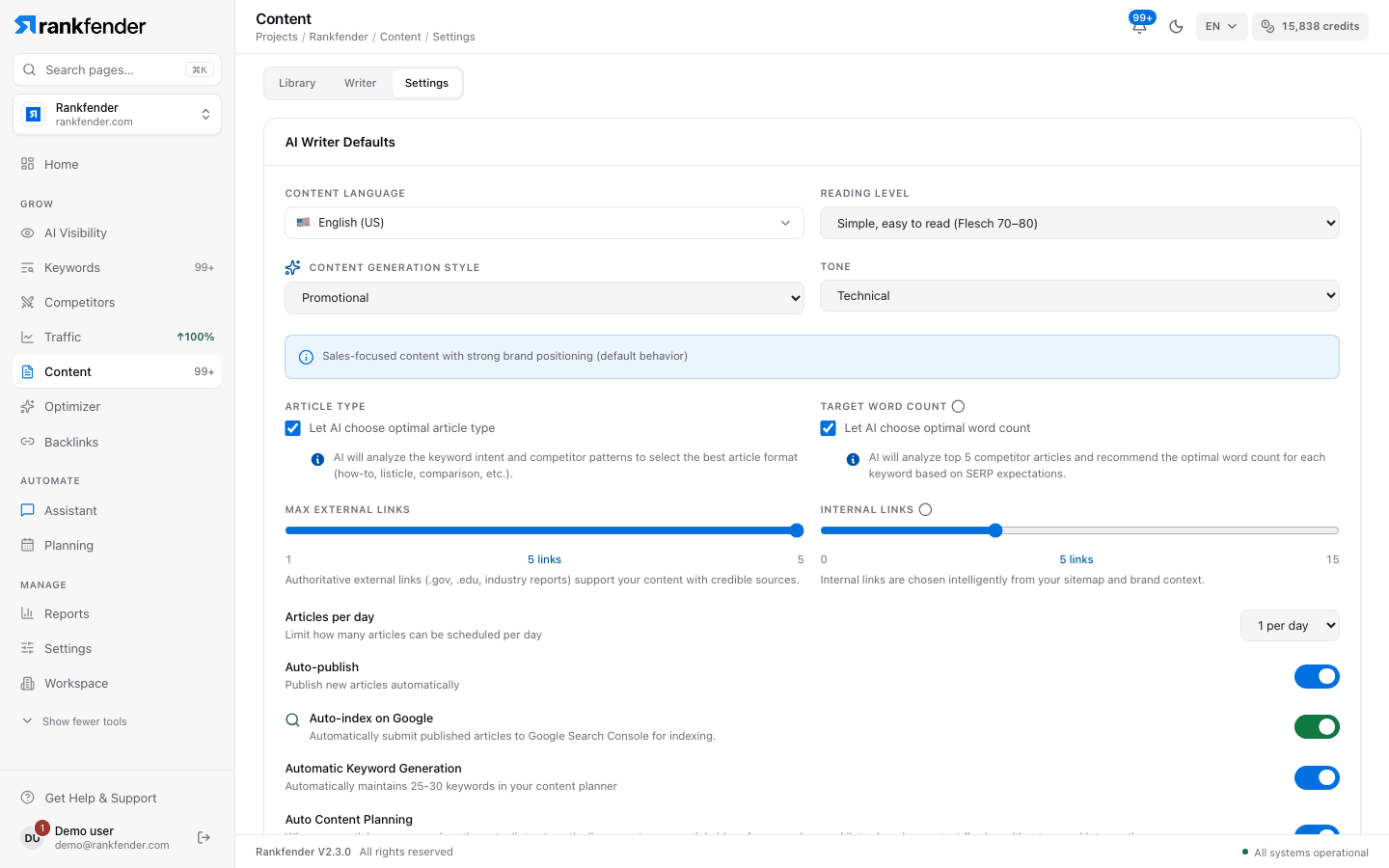 Rankfender Content settings, AI Writer Defaults: content language, reading level, style, tone, article type, word count, external and internal links, articles per day and auto-publish