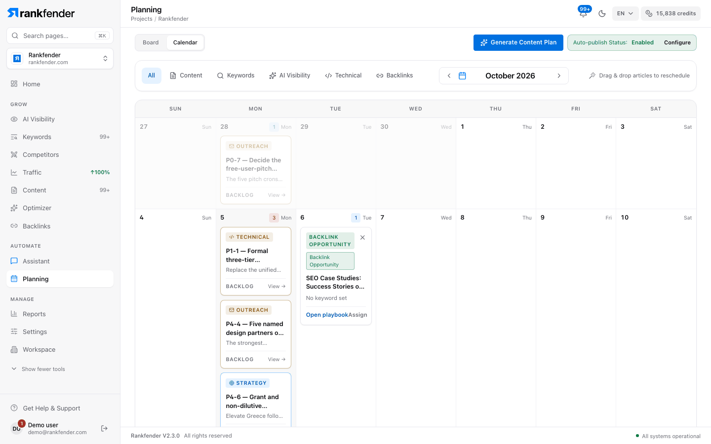 Rankfender Planning calendar for October 2026: dated tasks and articles by day, type filters and the Generate Content Plan button