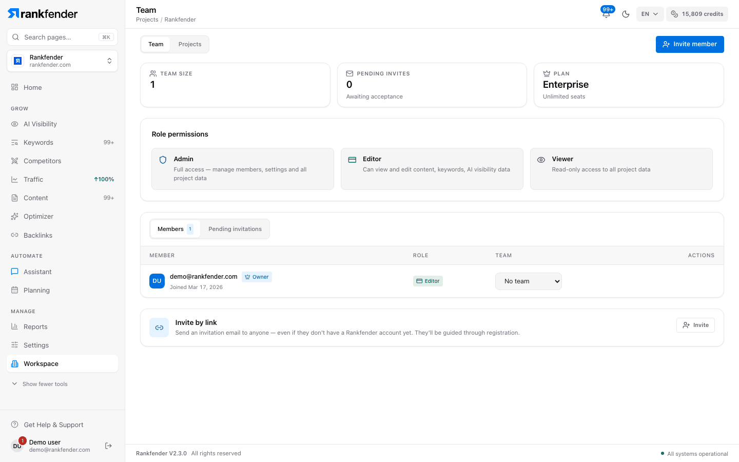 Rankfender Team page: team size, pending invites, the Admin, Editor and Viewer role permissions and the members list