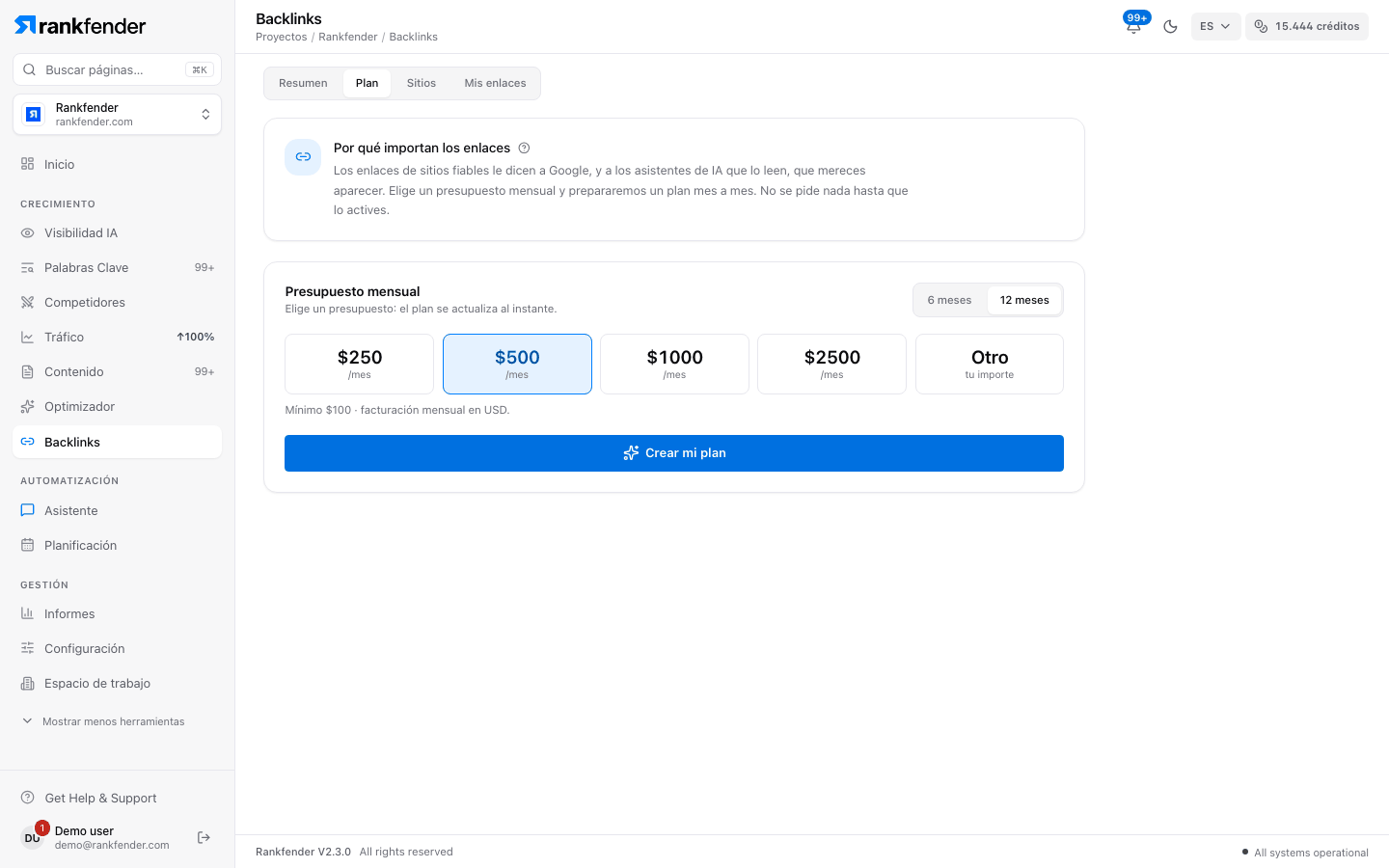Rankfender, Backlinks, pestaña Plan: presupuestos mensuales de 250, 500, 1.000 y 2.500 o un importe propio, duración de 6 o 12 meses y un botón Crear mi plan