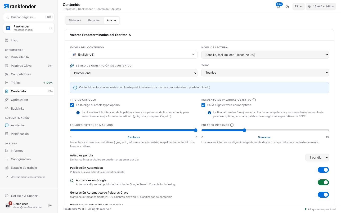 Ajustes de contenido de Rankfender, valores por defecto del redactor IA: idioma, nivel de lectura, estilo, tono, tipo de artículo, número de palabras, enlaces externos e internos, artículos por día y publicación automática