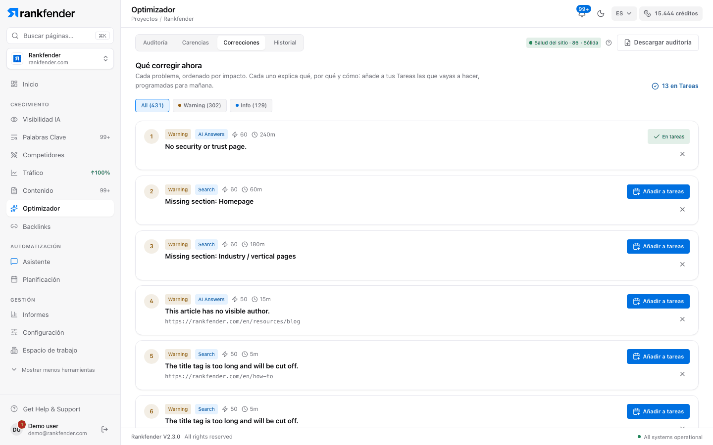 Optimizer de Rankfender, pestaña Correcciones: problemas ordenados por impacto con gravedad, pilar, tiempo estimado y botón para añadir a tareas