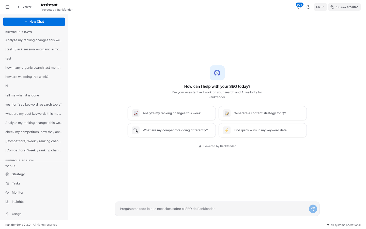 RAISA, el asistente de Rankfender: un chat nuevo con preguntas sugeridas, como analizar cambios de posiciones o encontrar mejoras rápidas en las palabras clave, y los chats anteriores por fecha