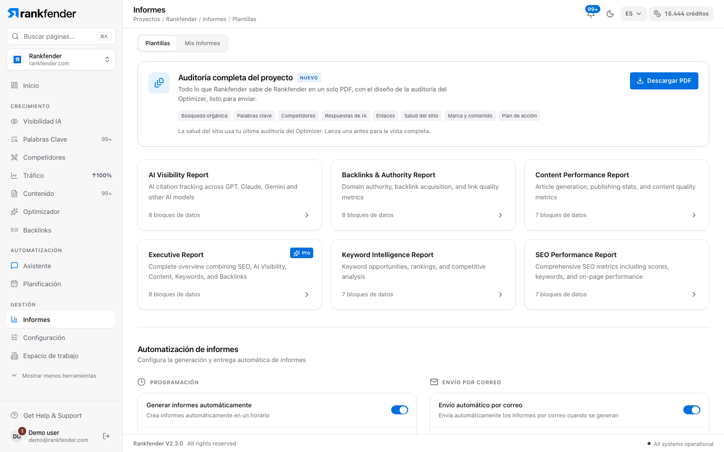 Informes de Rankfender: el PDF de auditoría completa del proyecto, plantillas de visibilidad IA, backlinks, contenido, ejecutivo, palabras clave y rendimiento SEO, y los ajustes de automatización