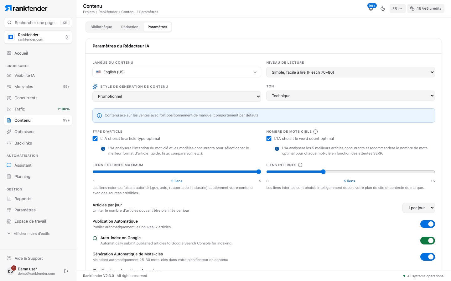 Réglages de contenu Rankfender, valeurs par défaut du rédacteur IA : langue, niveau de lecture, style, ton, type d’article, nombre de mots, liens externes et internes, articles par jour et publication automatique