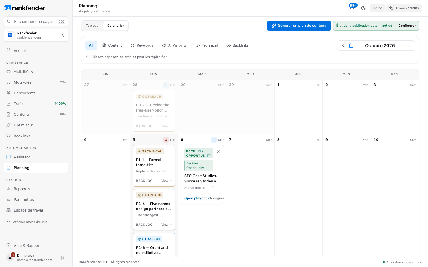 Calendrier Planning de Rankfender pour octobre 2026 : tâches et articles datés par jour, filtres par type et bouton Générer un plan de contenu