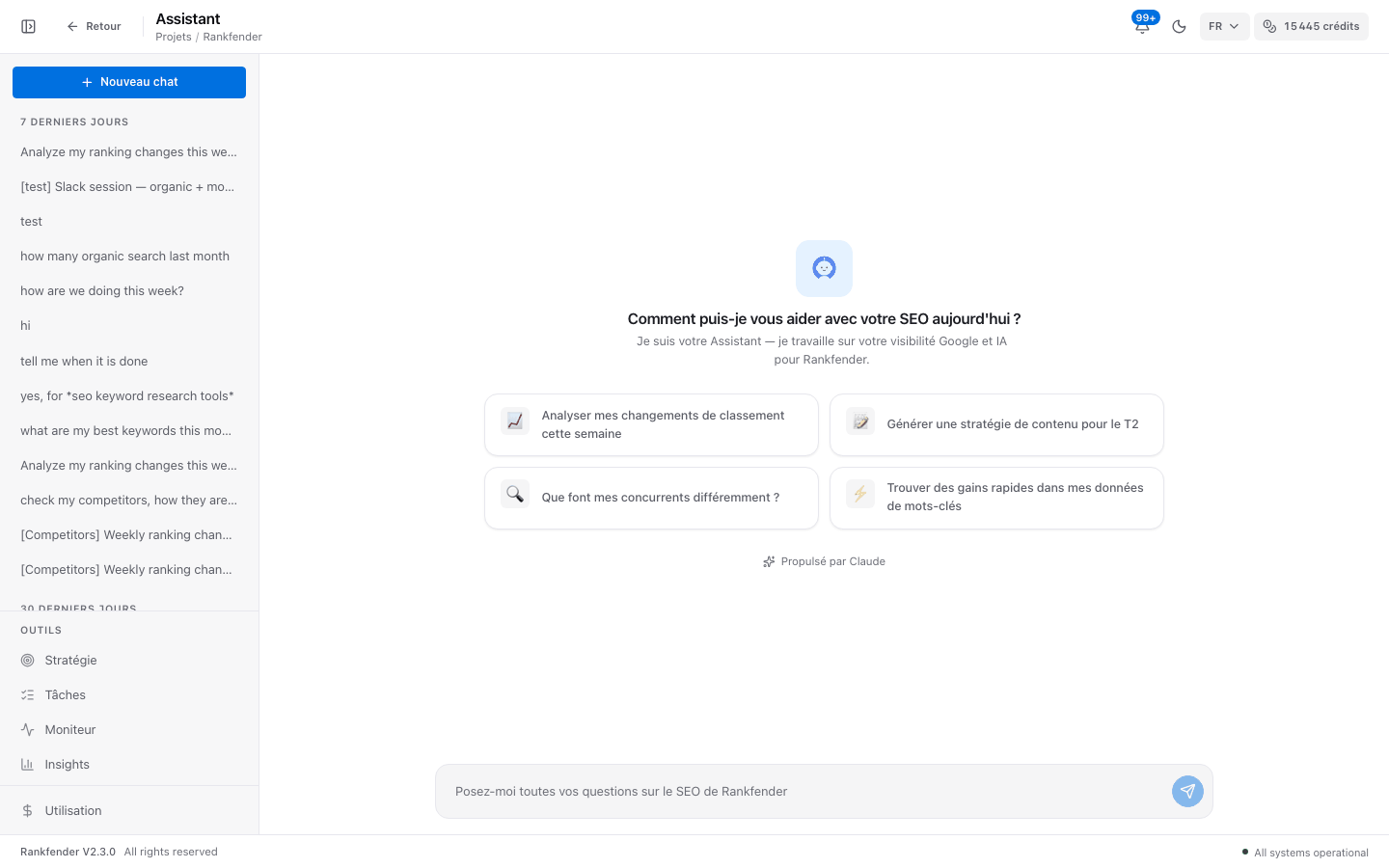 RAISA, l’assistant Rankfender : une nouvelle conversation avec des questions suggérées, comme analyser l’évolution des positions ou trouver des gains rapides dans les mots-clés, et les conversations précédentes par date