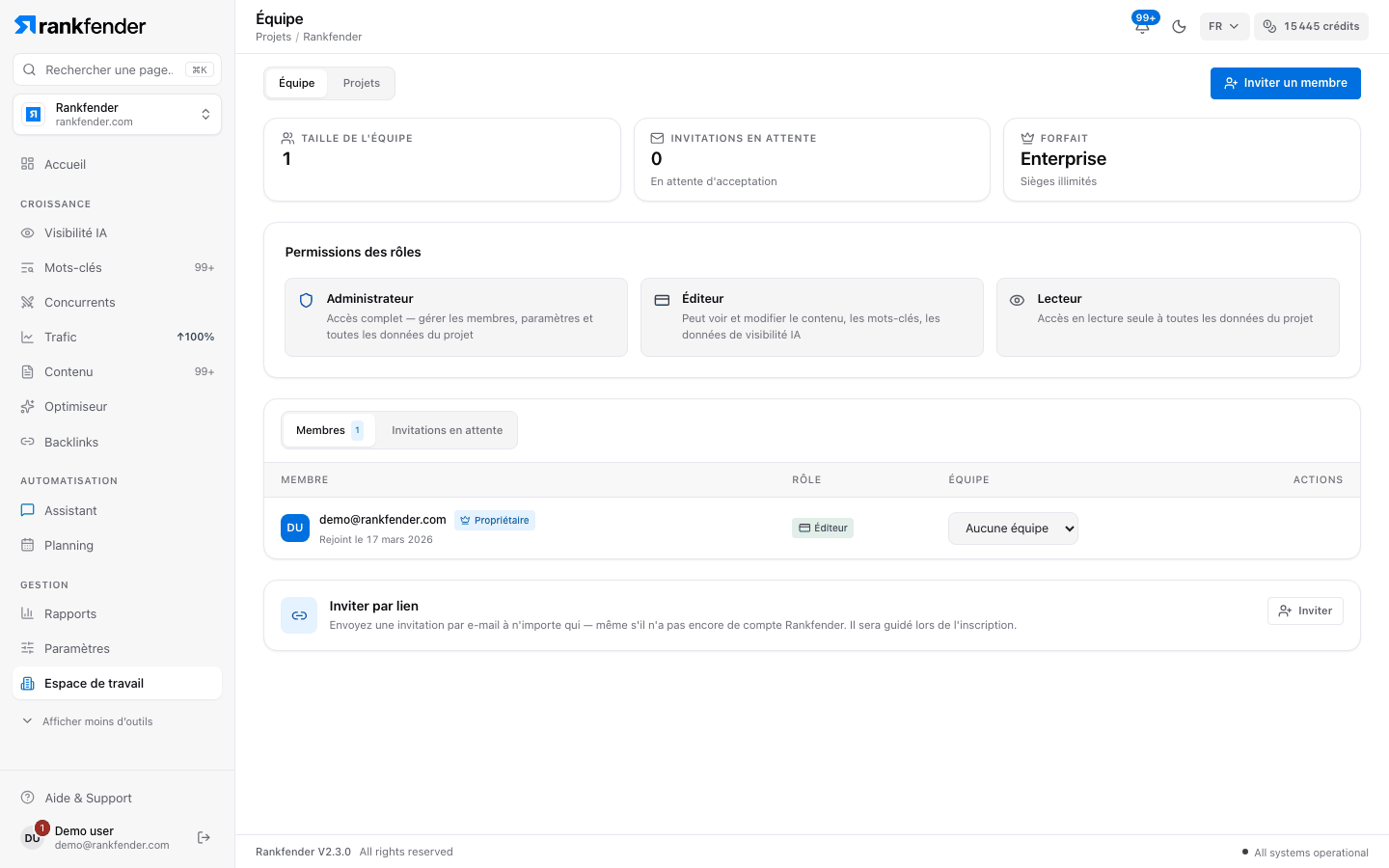 Page Équipe de Rankfender : taille de l'équipe, invitations en attente, permissions des rôles Admin, Editor et Viewer et liste des membres
