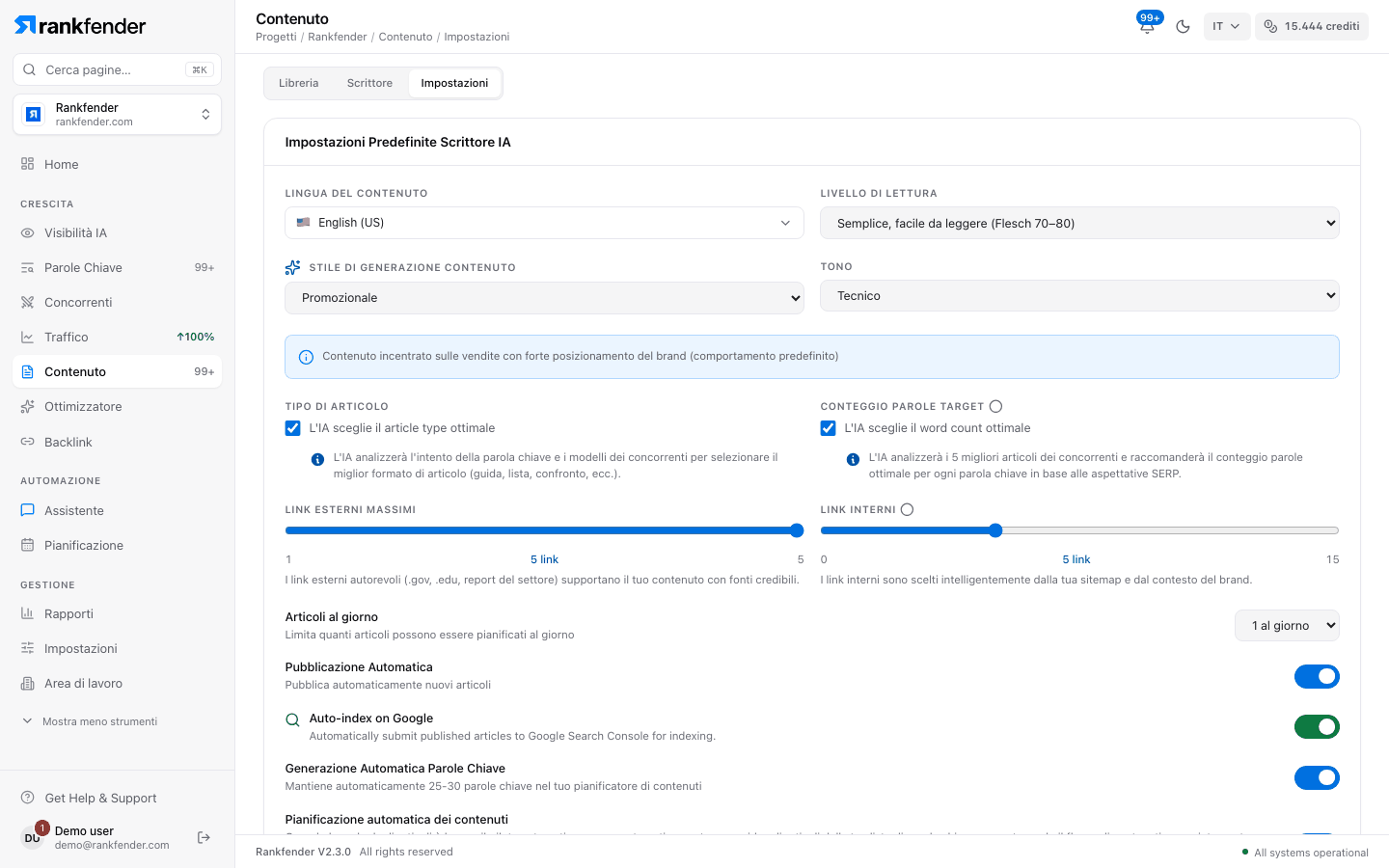 Impostazioni contenuti di Rankfender, valori predefiniti del redattore IA: lingua, livello di lettura, stile, tono, tipo di articolo, numero di parole, link esterni e interni, articoli al giorno e pubblicazione automatica