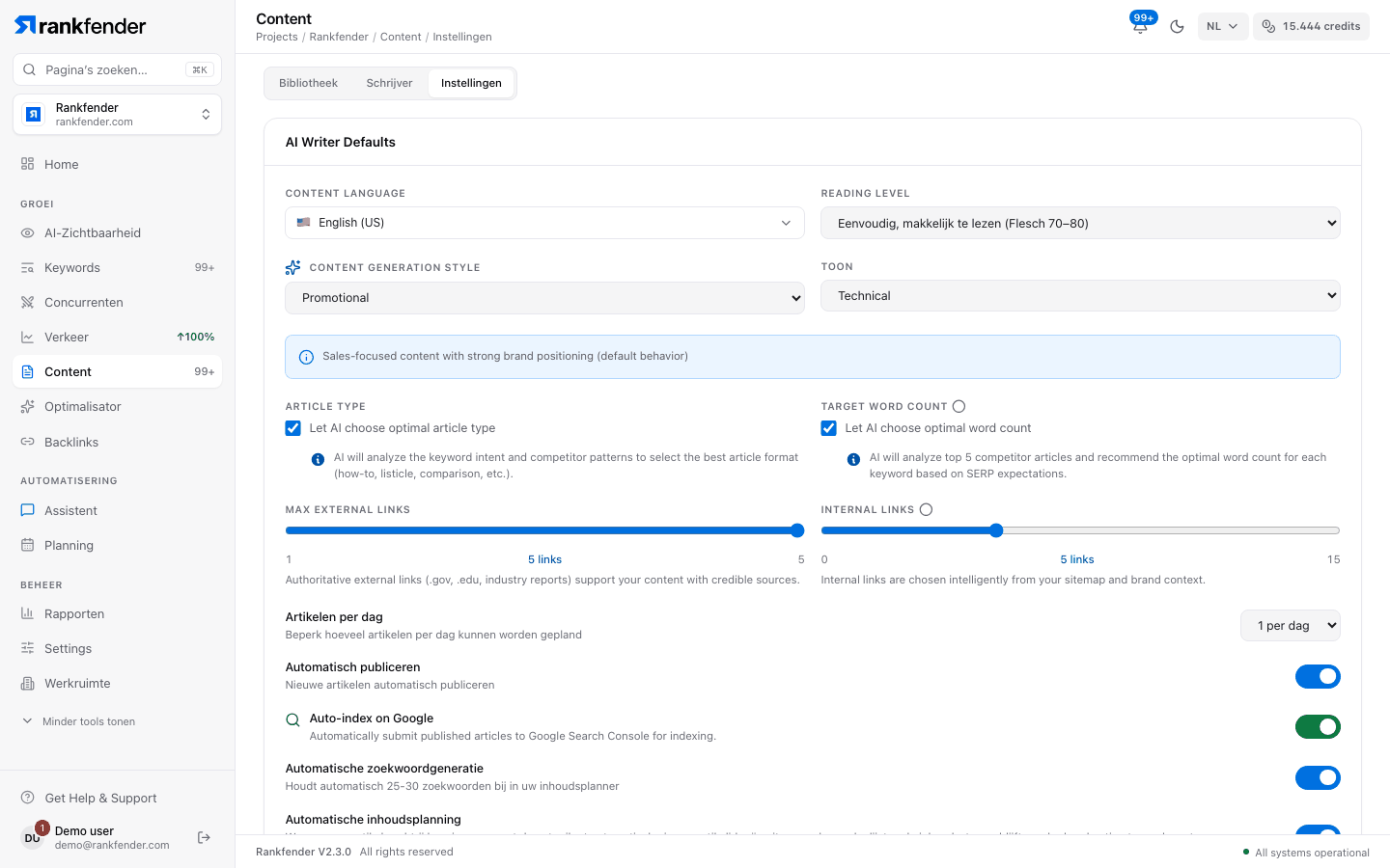 Rankfender contentinstellingen, standaarden van de AI-schrijver: taal, leesniveau, stijl, toon, artikeltype, aantal woorden, externe en interne links, artikelen per dag en automatisch publiceren