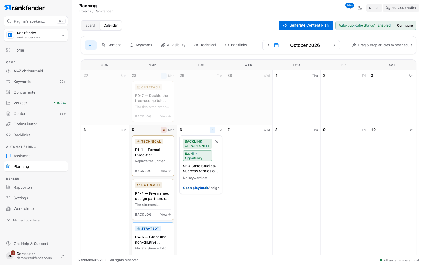Rankfender Planning-kalender voor oktober 2026: gedateerde taken en artikelen per dag, typefilters en de knop om een contentplan te genereren