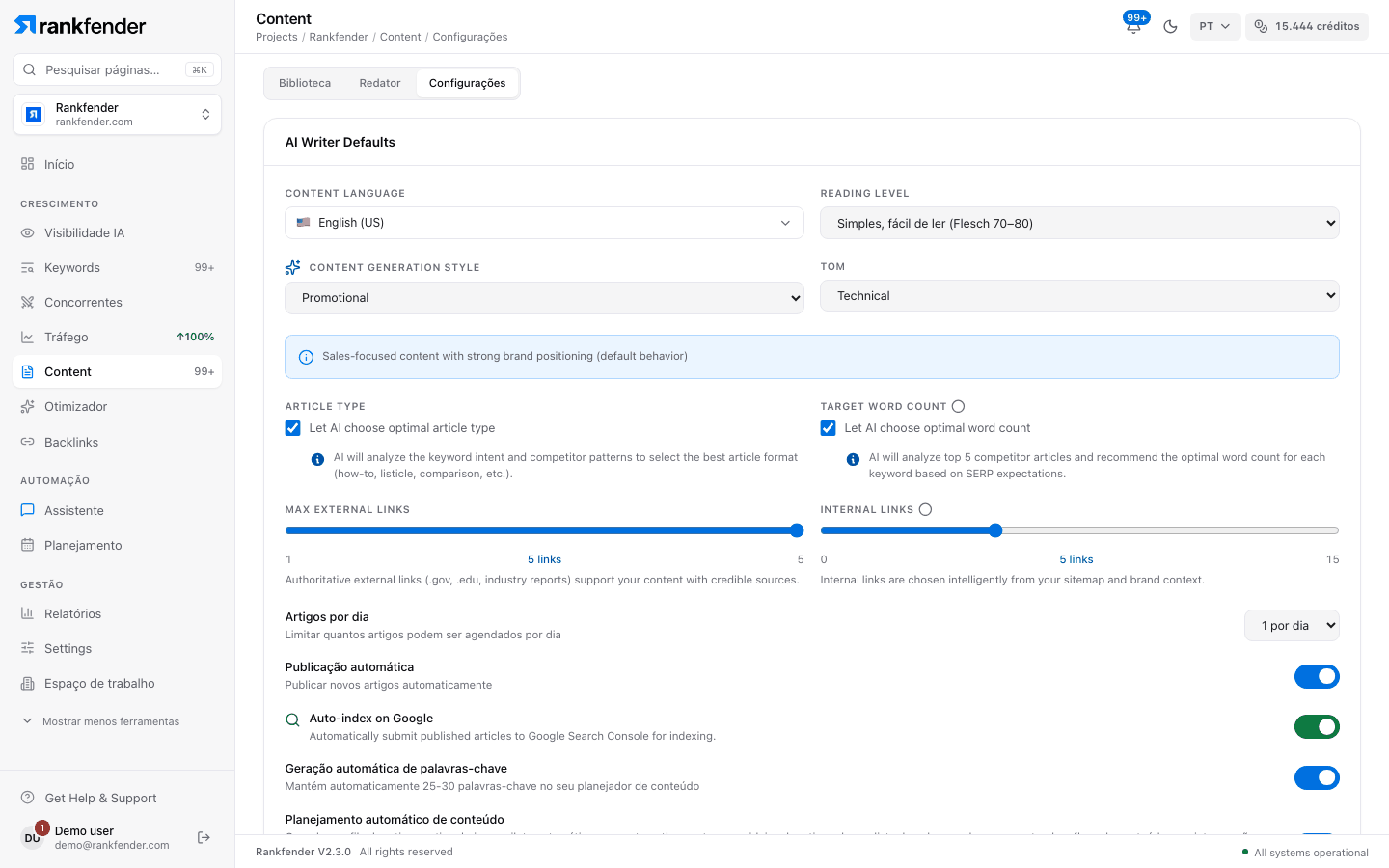 Definições de conteúdo do Rankfender, predefinições do redator IA: língua, nível de leitura, estilo, tom, tipo de artigo, número de palavras, links externos e internos, artigos por dia e publicação automática